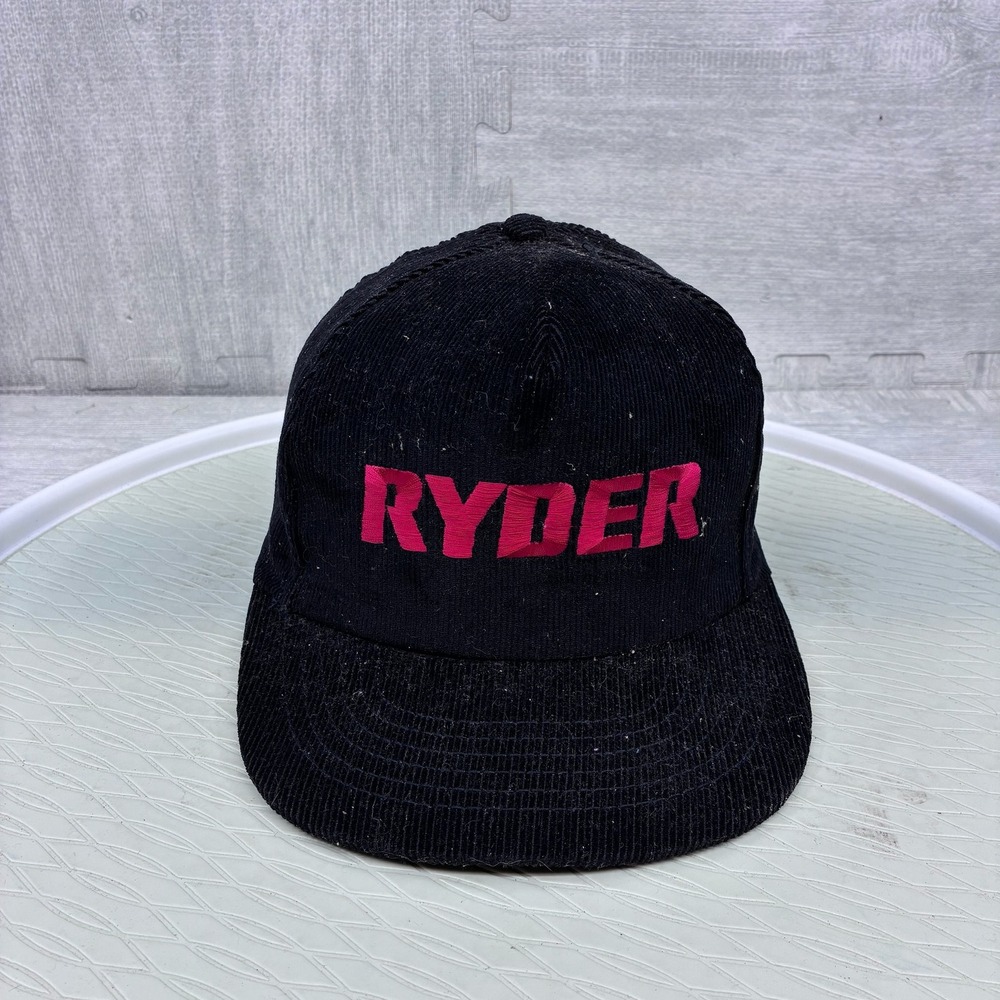 Vintage Ryder Corduroy Hat Mens Black Pink Embroidered Snapback Trucker Cap